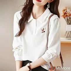 【MsMore】 黃鶴樓系列國風刺繡設計翻領短版白色長袖上衣# 118756 L 白色
