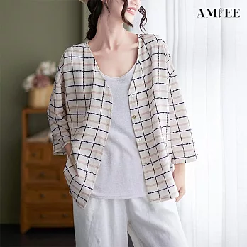 【AMIEE】輕薄格紋排扣V領西裝外套(格子/M-XL/KDCQ-8505) M 格紋