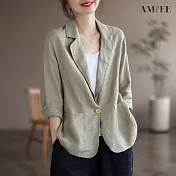 【AMIEE】輕盈棉麻七分袖西裝外套(5色/M-XL/KDCQ-1350) XL 米灰