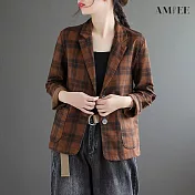 【AMIEE】文藝復古撞色格子西裝外套(3色/M-2XL/KDCQ-627) XL 咖啡