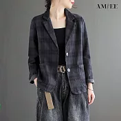 【AMIEE】文藝復古撞色格子西裝外套(3色/M-2XL/KDCQ-627) XL 灰藍