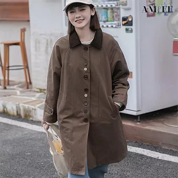 【AMIEE】PURE 不規則排扣長版大衣外套(咖啡色/S-M/KDCQ-B735) S 咖啡色