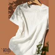 【初色】圓領蕾絲針織白色短袖T恤上衣-米白色-68917(M-2XL可選) M 米白色