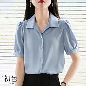 【初色】純色泡泡短袖POLO領褶皺垂感顯瘦襯衫上衣-藍色-68919(M-2XL可選) XL 藍色