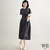 【初色】設計感不規則收腰圓領短袖顯瘦連身裙中長裙長版洋裝-共2色-69034(M-2XL可選) M 墨藍色