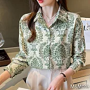 【MsMore】 復古法式印花襯衫長袖寬鬆短版上衣# 118953 M 綠色