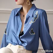 【MsMore】 絲質襯衫長袖缎面高端藍色印花寬鬆短版上衣# 119170 M 藍色