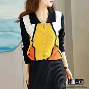 【Jilli~ko】幾何撞色圖案翻領開扣寬鬆針織衫 J10971  FREE 黃色