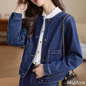 【MsMore】 原藍色牛仔長袖外套時尚設計感圓領復古小香風短版# 119217 M 深藍色