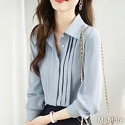 【MsMore】 純色灰藍褶皺長袖襯衫顯瘦百搭短版上衣# 119301 2XL 藍色