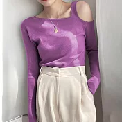 【MsMore】 針織露肩鎖骨毛衣長袖時尚外套內搭修身短版上衣# 119343 FREE 紫色
