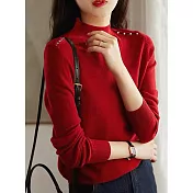 【MsMore】 釘珠半高領毛衣韓版爆款修身氣質百搭針織純色長袖內搭短版上衣# 119346 FREE 紅色