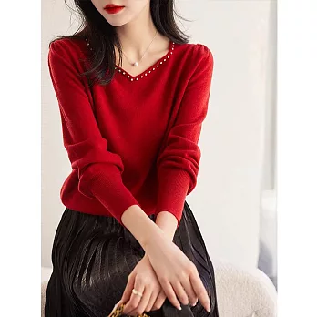 【MsMore】 長袖毛衣輕熟風氣質寬鬆內搭顯瘦V領羊絨感短版上衣# 119347 FREE 紅色