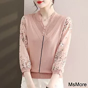【MsMore】 薄款氣質時尚七紛印花紗袖拼接針織短版上衣# 119384 FREE 粉紅色
