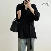 [衣途]流星絲麻高級設計綁帶襯衫M-L(KDTQ-B621) L 黑色