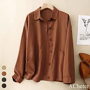【ACheter】 復古斜紋棉質大口袋寬鬆休閒長袖襯衫外套短版上衣# 119315 L 磚紅色