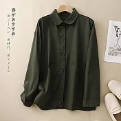 【ACheter】 復古斜紋棉質大口袋寬鬆休閒長袖襯衫外套短版上衣# 119315 L 綠色