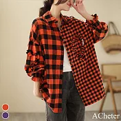 【ACheter】 時尚拼接格子小荷葉裝飾長袖襯衫大碼中長款上衣# 119317 L 紅色