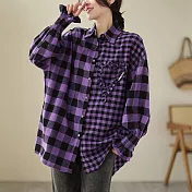 【ACheter】 時尚拼接格子小荷葉裝飾長袖襯衫大碼中長款上衣# 119317 L 紫色