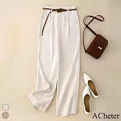 【ACheter】 送皮帶棉麻感通勤寬鬆高腰直筒長褲# 119322 XL 杏色