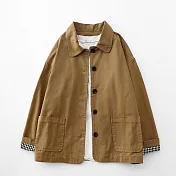 【ACheter】 純色棉質短款外套顯瘦單排扣文藝反摺格長袖短版# 119326 L 卡其色
