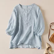【ACheter】 五分袖上衣刺繡寬鬆文藝復古棉麻感圓領短版上衣# 119364 XL 藍色