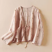 【ACheter】 刺繡上衣文藝復古開衫系帶棉麻短外套寬鬆百搭長袖短版# 119366 XL 粉紅色