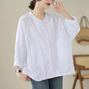 【ACheter】 雙層棉紗圓領外套文藝百搭寬鬆休閒純色長袖短版# 119370 XL 白色