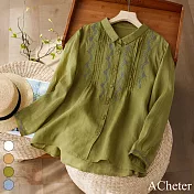 【ACheter】 刺繡蘆麻感襯衫文藝復古棉麻感上衣寬鬆休閒短版# 119371 XL 綠色