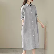 【ACheter】 日系寬鬆大碼長袖條紋棉麻感襯衫過膝長版襯衫外罩洋裝# 119373 L 灰色