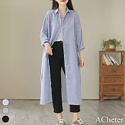 【ACheter】 日系寬鬆大碼長袖條紋棉麻感襯衫過膝長版襯衫外罩洋裝# 119373 L 藍色
