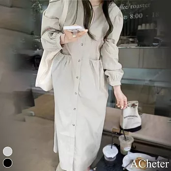 【ACheter】 韓國chic 純色長袖高腰文藝單排扣長款襯衫洋裝# 119390 FREE 灰色