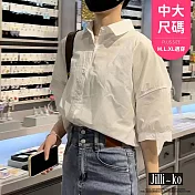 【Jilli~ko】韓版寬鬆時尚設計感開衩泡泡袖襯衫 J10108 FREE 白色
