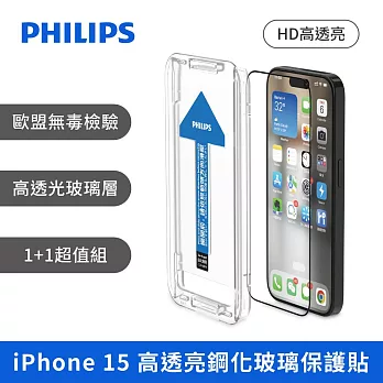 PHILIPS iPhone 15系列 高透亮鋼化玻璃保護貼-保護膜 保貼 兩片超值組  iPhone15