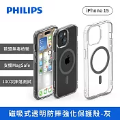 PHILIPS iPhone 15系列 磁吸式透明防摔強化保護殼-灰  iPhone 15