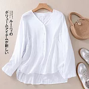 【ACheter】 復古襯衫文藝雙層棉紗襯衣氣質長袖寬鬆純色百搭外罩短版上衣# 119335 XL 白色