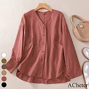 【ACheter】 復古襯衫文藝雙層棉紗襯衣氣質長袖寬鬆純色百搭外罩短版上衣# 119335 XL 紅色