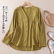 【ACheter】 復古襯衫文藝雙層棉紗襯衣氣質長袖寬鬆純色百搭外罩短版上衣# 119335 M 綠色
