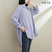 【AMIEE】線條側開衩設計感襯衫(2色/M-2XL/KDTQ-6202) 2XL 藍色條紋