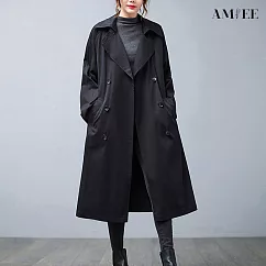 【AMIEE】經典翻領中長款工裝風衣外套(4色/M─2XL/KDCQ─6187) M 黑色