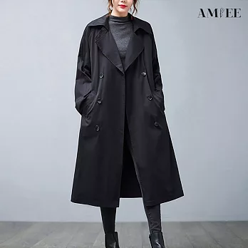 【AMIEE】經典翻領中長款工裝風衣外套(4色/M-2XL/KDCQ-6187) M 黑色