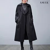 【AMIEE】經典翻領中長款工裝風衣外套(4色/M-2XL/KDCQ-6187) XL 黑色