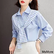 【MsMore】 披肩條紋藍色襯衫設計感假兩件雪紡衫短版上衣# 118711 XL 藍色