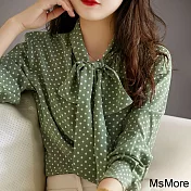 【MsMore】 顯白牛油綠溫柔知性美飄帶絲質波點長袖襯衫短版上衣# 118768 2XL 綠色