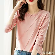 【MsMore】 粉色圓領長袖時尚純色休閒減齡氣質短版上衣# 119396 M 粉紅色