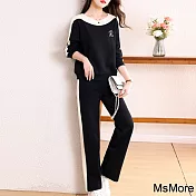 【MsMore】 運動套装時髦長袖圓領時尚小個子休閒高腰長褲兩件式套裝# 119400 M 黑色