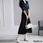 【MsMore】 輕奢連身裙高級感OL職業氣質女神長袖長版洋裝# 119424 L 藏青色