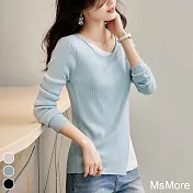 【MsMore】 溫柔小優雅圓領拼色設計感不對稱假兩件針織衫修身短版上衣# 119449 FREE 藍色