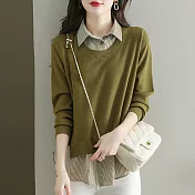 【MsMore】 襯衫拼接假兩件毛衣寬鬆設計感短版休閒針織上衣# 119469 FREE 綠色