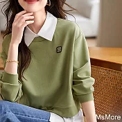 【MsMore】 休閒假兩件長袖襯衫簡約笑臉刺繡百搭質感短版上衣# 119590 L 綠色